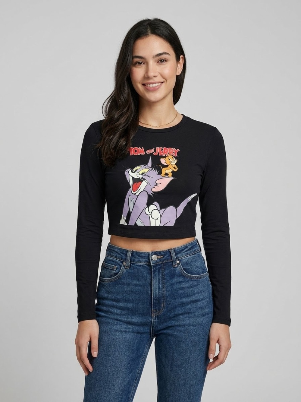 Tom & Jerry Women's Long Sleeve Graphic Crop Top - Black Y2K Cartoon Tee.